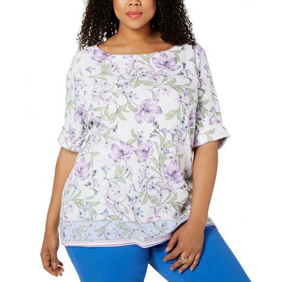 Karen Scott Womens Plus Printed Boat Neck Pullover Top